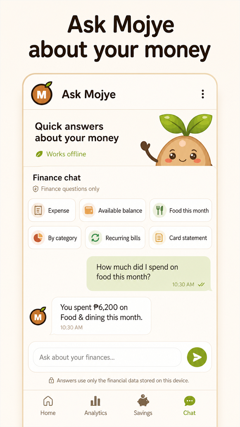 Ask Mojye mobile finance chat with quick answers and an offline conversation