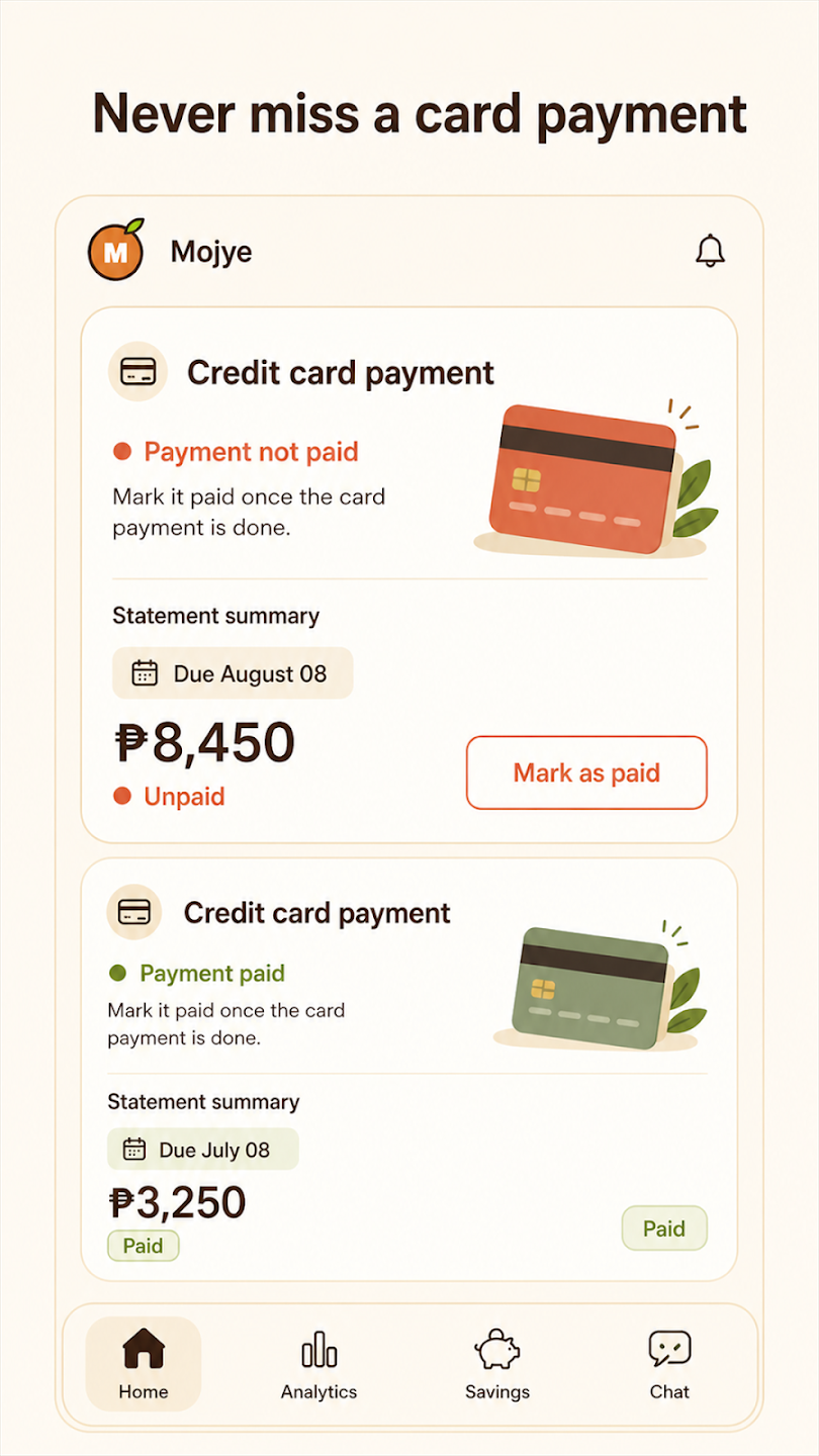 Mojye mobile credit card payment reminders with paid and unpaid statements