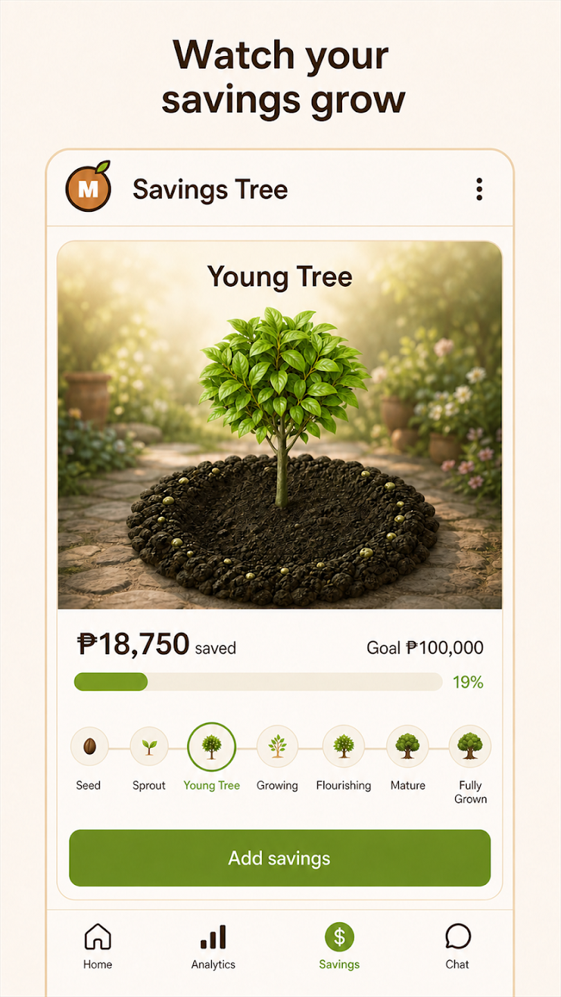 Mojye Savings Tree mobile screen showing a young tree and savings progress